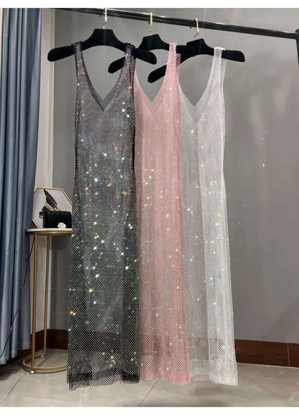 Pre Order:  Dazzling Rhinestones Mesh  Sleeveless Dress