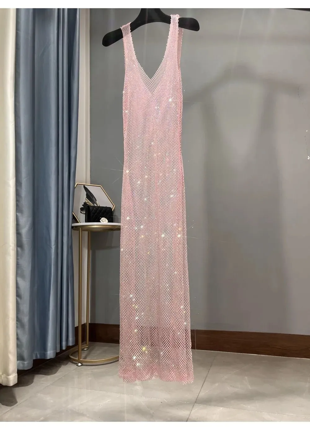 Pre Order:  Dazzling Rhinestones Mesh  Sleeveless Dress