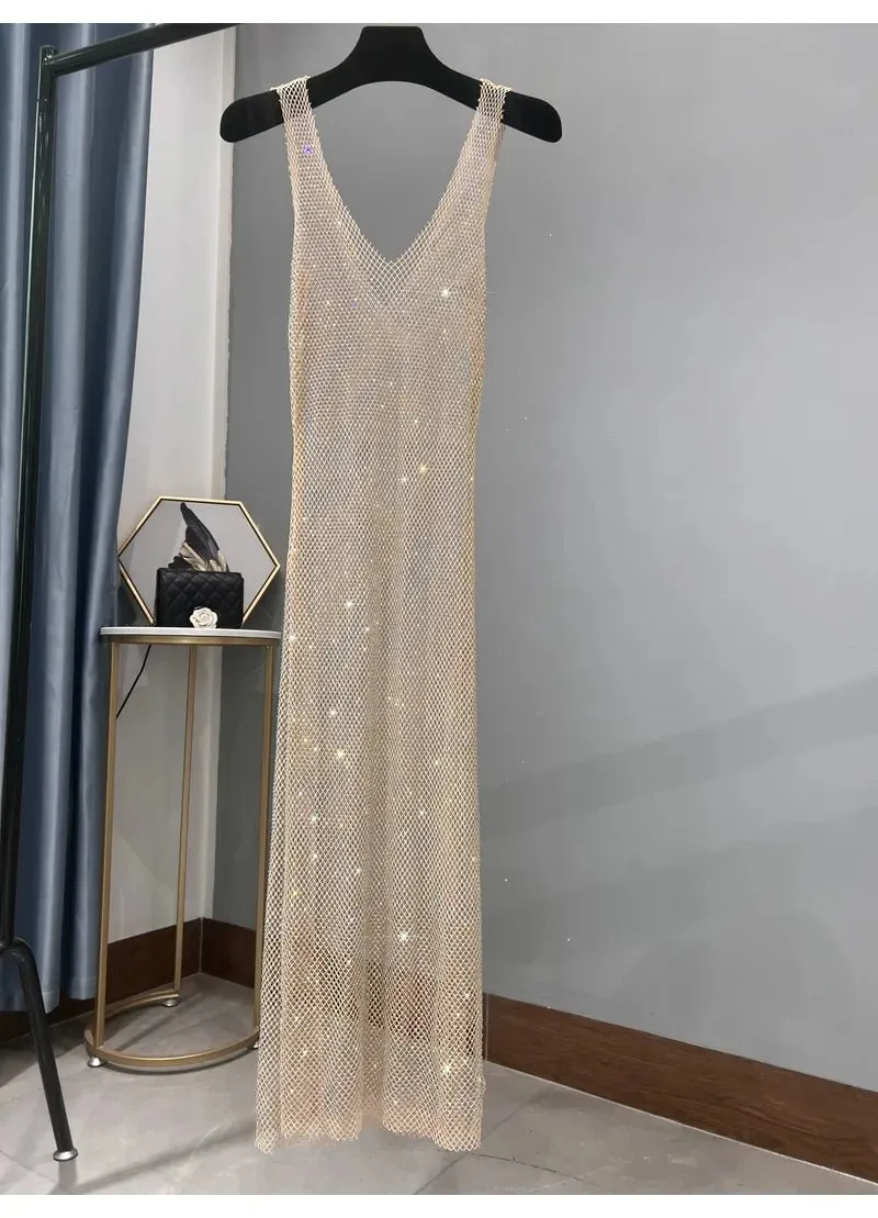 Pre Order:  Dazzling Rhinestones Mesh  Sleeveless Dress