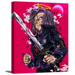 Purple Hair Warrior with Sword Canvas Wall Art