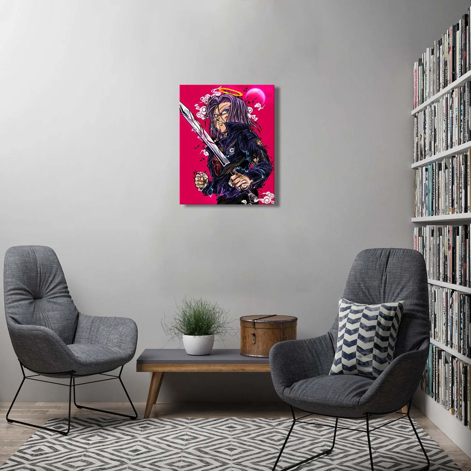 Purple Hair Warrior with Sword Canvas Wall Art
