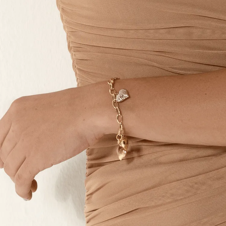 Real Gold 3 Color 4 Heart Charms Dangler Bracelet 0511 BR1313