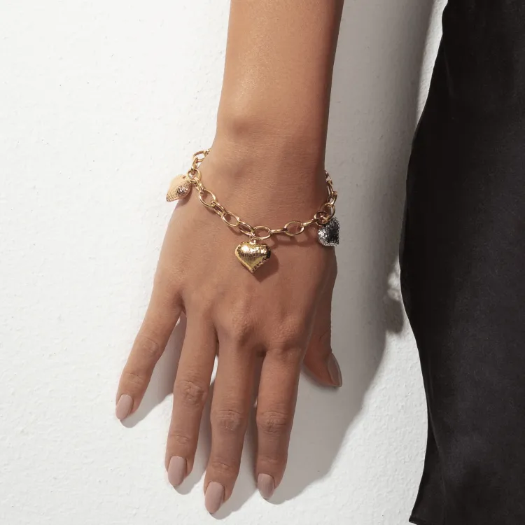 Real Gold 3 Color 4 Heart Charms Dangler Bracelet 0511 BR1313