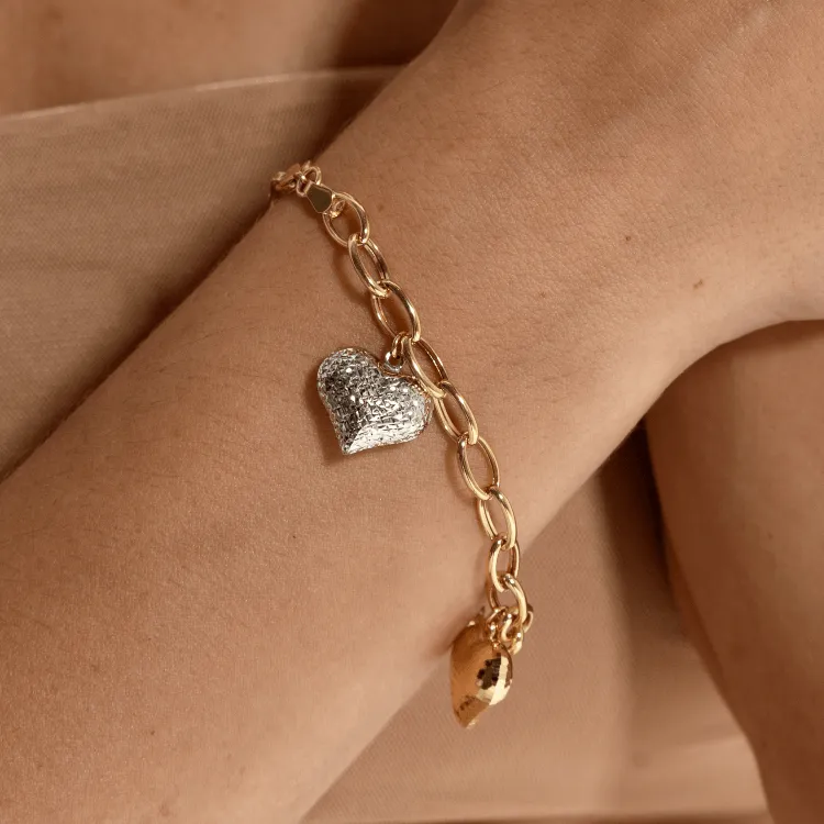 Real Gold 3 Color 4 Heart Charms Dangler Bracelet 0511 BR1313
