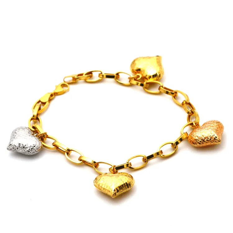 Real Gold 3 Color 4 Heart Charms Dangler Bracelet 0511 BR1313