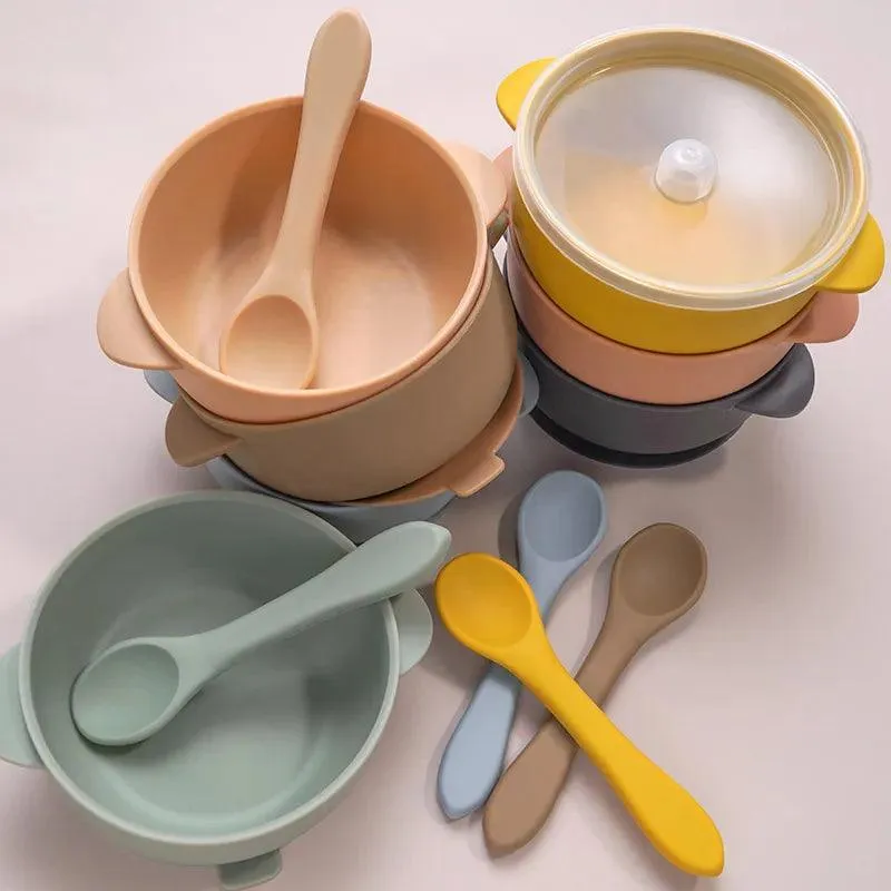 Silicone Essentials: Kid-Proof Non-Slip Bowl with Lid and Spoon