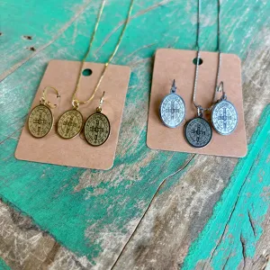 Stainless Steel Oval St Benedict Adjustable Chain Necklace or Earrings