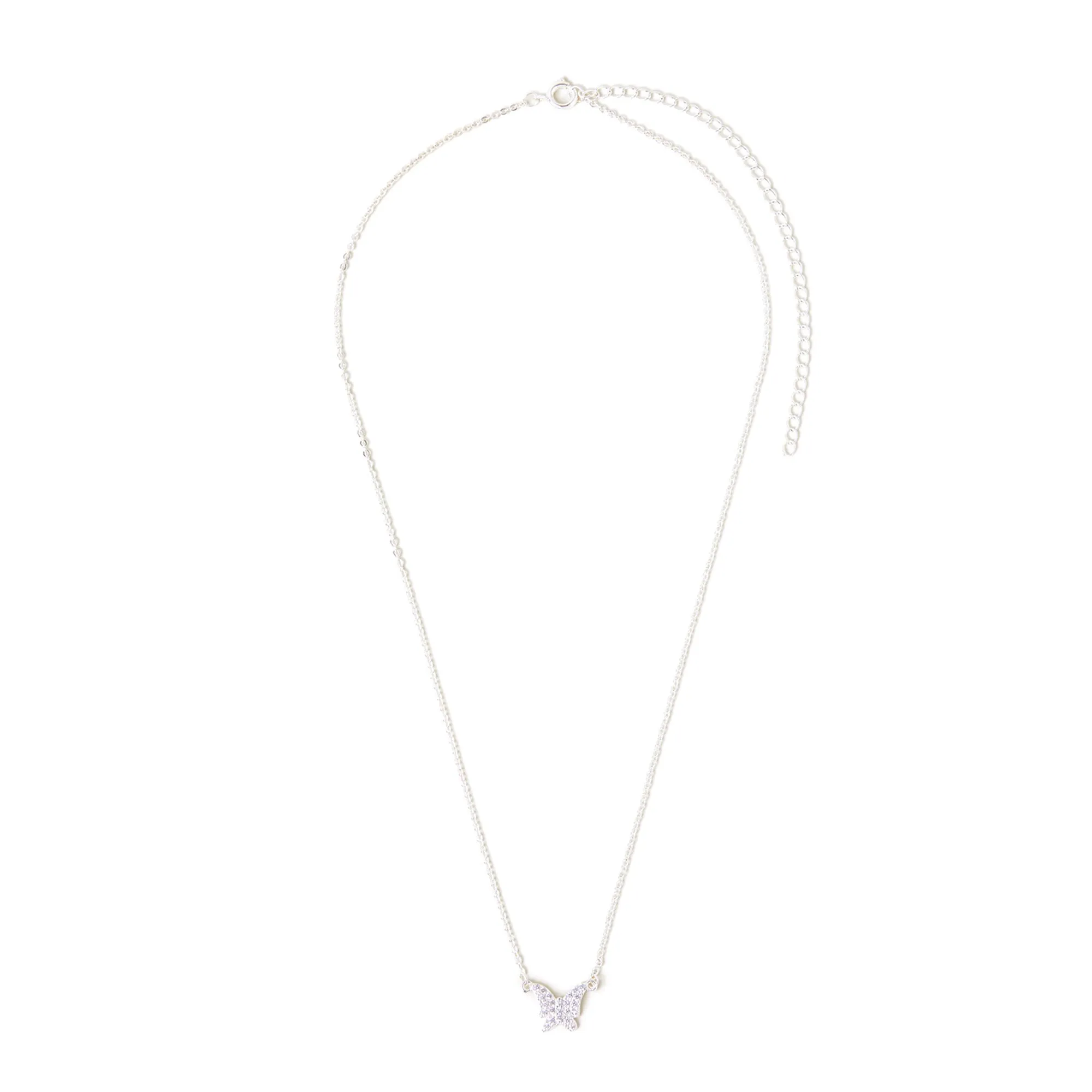 Sterling Silver-Plated Diamante Butterfly Pendant Necklace