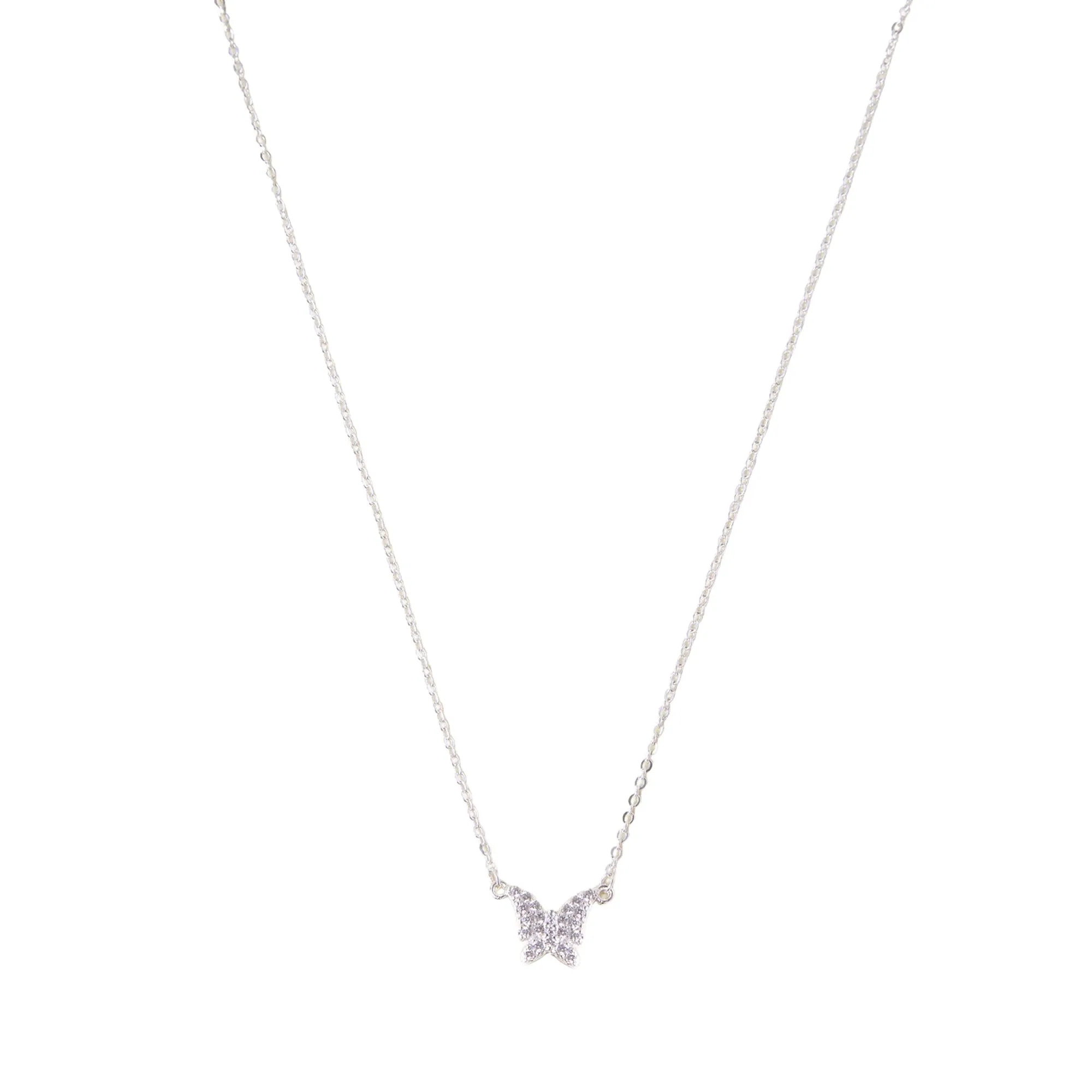 Sterling Silver-Plated Diamante Butterfly Pendant Necklace