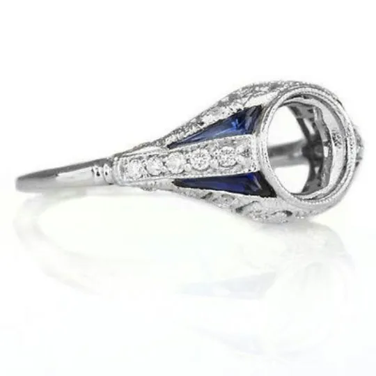 VINTAGE STYLE ART DECO DIAMOND SAPPHIRE 6mm BEZEL SETTING ENGAGEMENT RING ROUND