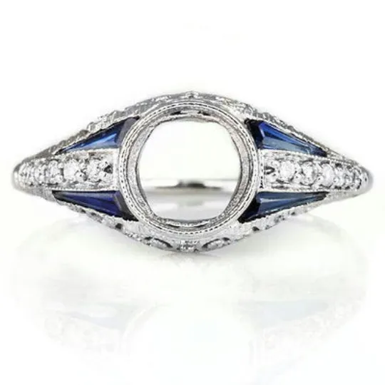 VINTAGE STYLE ART DECO DIAMOND SAPPHIRE 6mm BEZEL SETTING ENGAGEMENT RING ROUND