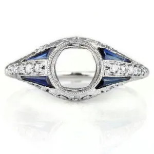 VINTAGE STYLE ART DECO DIAMOND SAPPHIRE 6mm BEZEL SETTING ENGAGEMENT RING ROUND