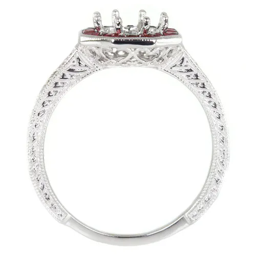 VINTAGE STYLE RUBY HALO DIAMOND SEMI-MOUNT ENGAGEMENT RING ROUND SETTING 14K WG