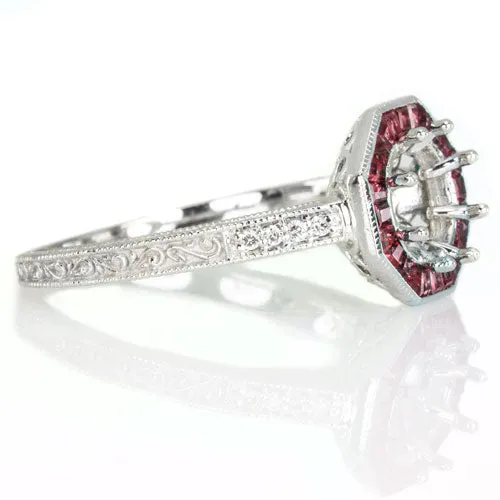 VINTAGE STYLE RUBY HALO DIAMOND SEMI-MOUNT ENGAGEMENT RING ROUND SETTING 14K WG