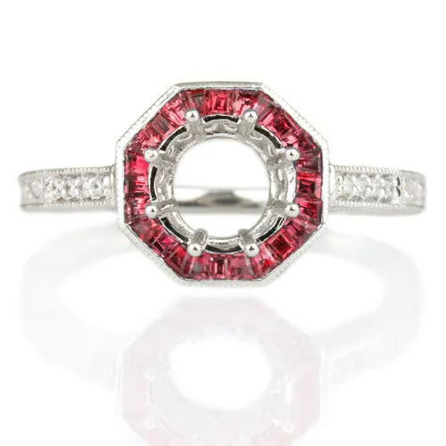 VINTAGE STYLE RUBY HALO DIAMOND SEMI-MOUNT ENGAGEMENT RING ROUND SETTING 14K WG