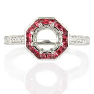 VINTAGE STYLE RUBY HALO DIAMOND SEMI-MOUNT ENGAGEMENT RING ROUND SETTING 14K WG