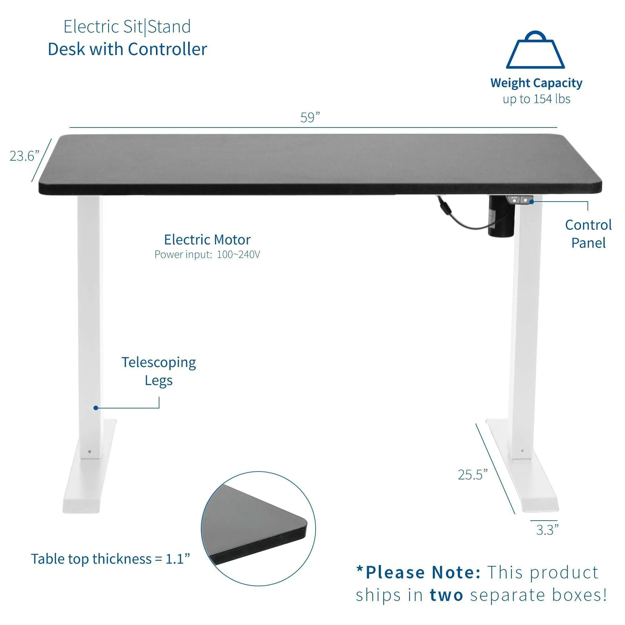VIVO 60"x24" Electric Desk with White Frame, DESK-KIT-W06W/W06B/W06C/W06D/W06E