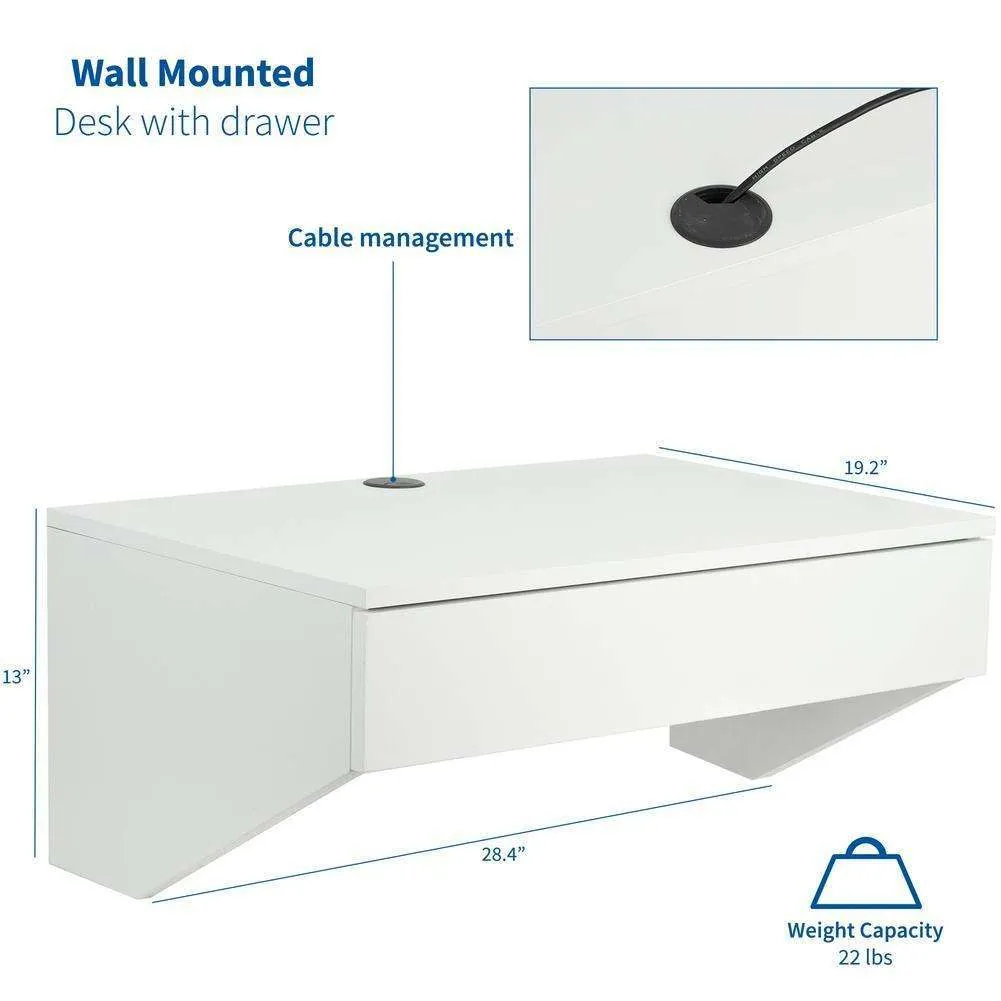 VIVO White Wall Mounted 28” Desk with Drawer, DESK-SF01W