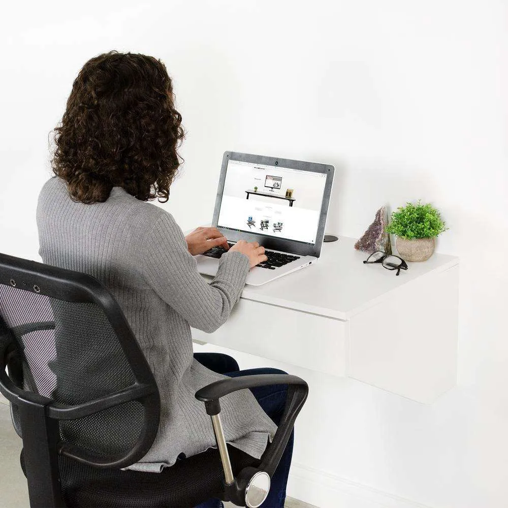 VIVO White Wall Mounted 28” Desk with Drawer, DESK-SF01W