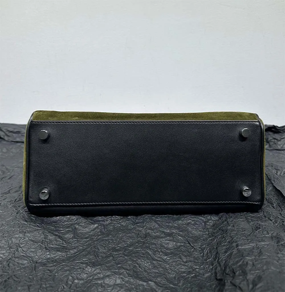 Womens Suede Leather Padlock Tote Bag Olive Green