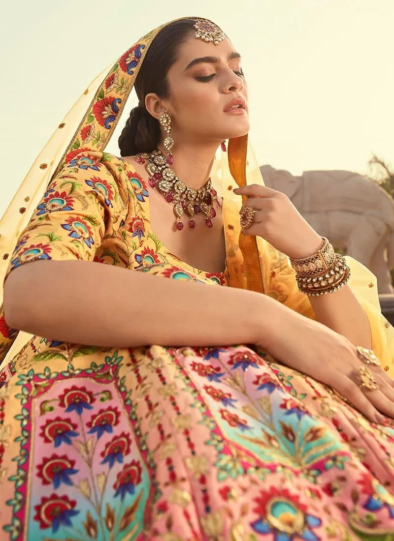 Yellow Color Art Silk Base Heavy Embroidery Work Printed Lehenga Choli