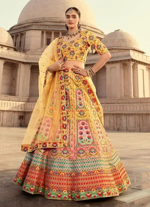 Yellow Color Art Silk Base Heavy Embroidery Work Printed Lehenga Choli